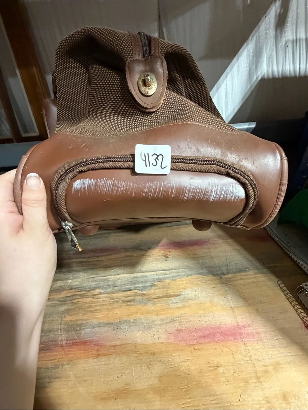 #4132-London Fog Brown Textured Tote with Leather Trim